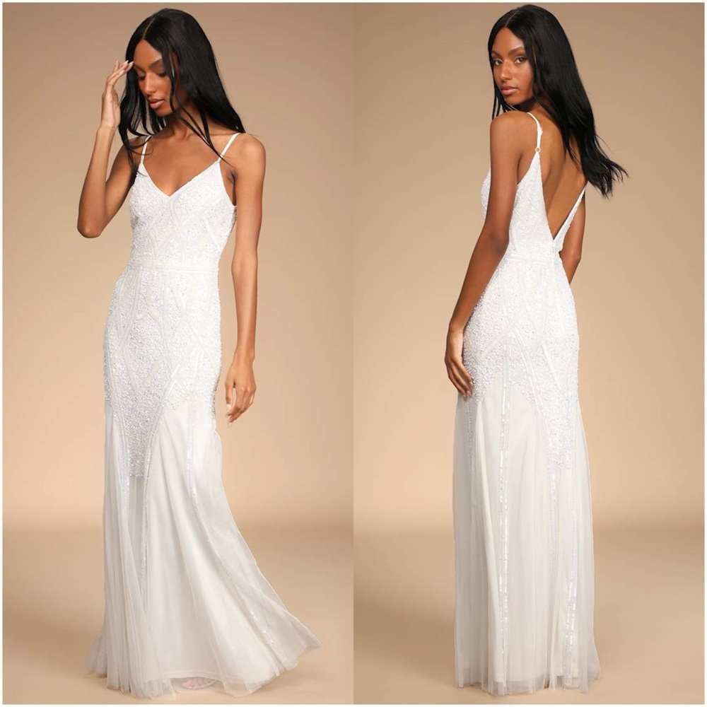 LULU'S Just The Beginning White Beaded Sequin Mermaid Maxi Dress